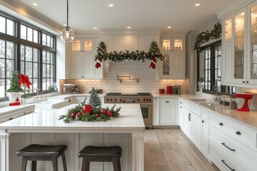 White modern kitchen interior, with kitchen island beautifully decorated for Christmas holidays