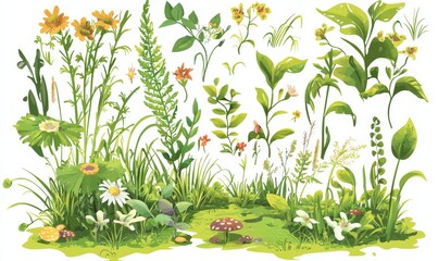 Poster - Cartoon set with grass shoots, stems, leaves, and pasture border with horizontal vegetation.
