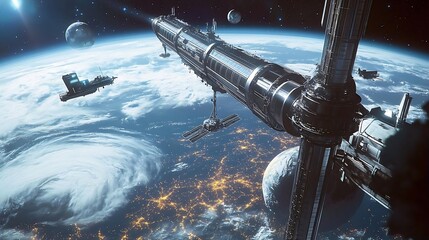 Wall Mural - Futuristic Space Station Orbiting Earth With City Lights And Storm Clouds