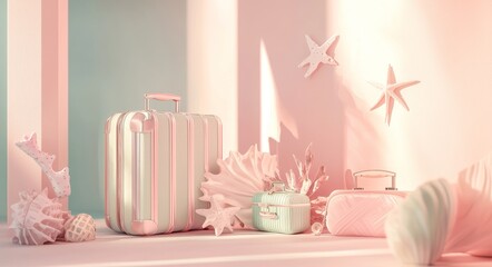 Poster - Render of a 3D pastel summer concept with a podium for mockup and luggage, a beach chair, and a ball in a purple theme.