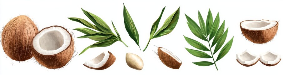 Poster - The whole of coconuts with green leaves decorated is isolated on a white background in a flat lay style.