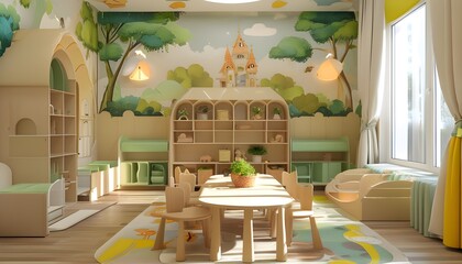 Playful kindergarten room featuring vibrant playground theme, child-sized furniture, and cheerful bright windows