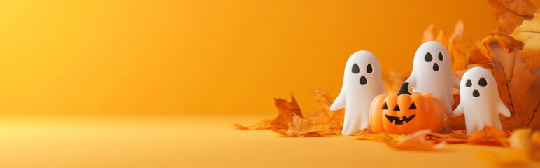 Cute white ghosts on minimalist color background with copy space