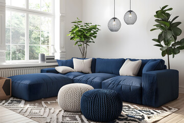 Two knitted poufs near dark blue corner sofa. Scandinavian home interior design of modern living room 3d render. Generative Ai.