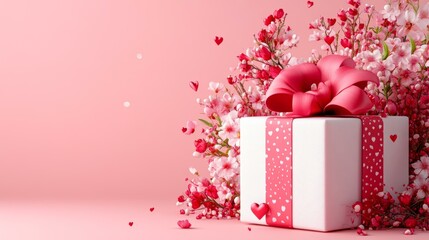 A white gift box with a pink ribbon, surrounded by a bouquet of pink and white flowers on a pink background, Perfect for advertisements, greeting cards, and Valentine's Day promotions,