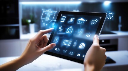 Poster - An image of a person using a tablet or smartphone to control smart home appliances, with the interface displaying wireless connectivity options and remote control features.