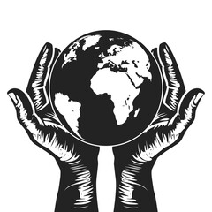 A black and white drawing of two hands holding a globe, symbolizing global unity and care for the Earth.