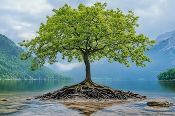 A serene landscape featuring a solitary tree with lush green foliage, rooted in clear water, surrounded by mountains and tranquility.