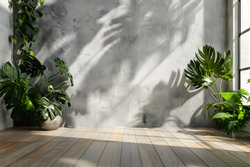 Wall transparent mockup with plants on a floor,Minimalist empty room with wooden floor. Generative Ai.