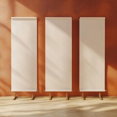 Sticker - Blank Roll Up Banner Mockup With Orange Wall And Wooden Floor