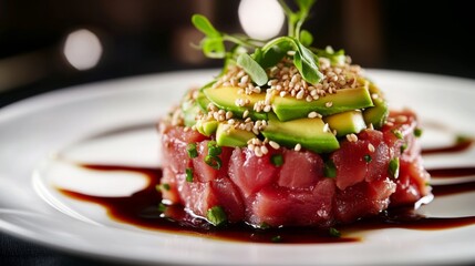 Wall Mural - A close-up of a tuna tartare appetizer, beautifully plated with avocado, sesame seeds, and a drizzle of soy sauce, showcasing a sophisticated and elegant dish.