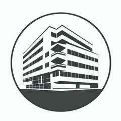 Wall Mural - Monochrome illustration of a modern multi-story office building within a circular frame.