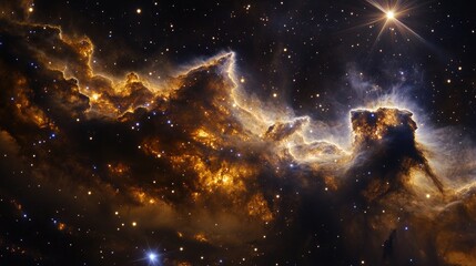 A vibrant nebula with a bright star in the background, showcasing a cosmic landscape of glowing gas and dust.