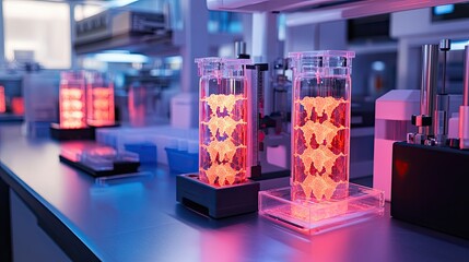 two glass cylinders containing orange biomaterial in a laboratory setting