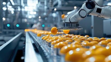 Poster - Robotic Arm Placing Yellow Fruit on Conveyor Belt in Factory Setting