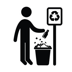 Sticker - silhouette of a person recycling a bottle into a bin with a recycling sign.