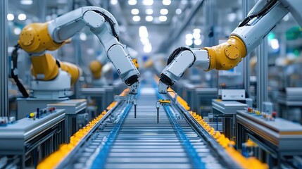 Poster - Two Robotic Arms Working on a Conveyor Belt in a Factory
