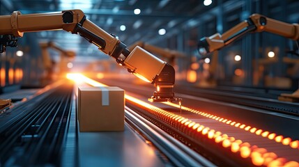 Poster - Robotic Arm Placing Package on Conveyor Belt in Factory Setting