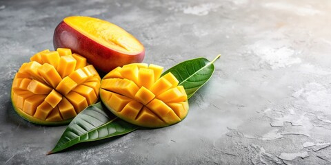 Aufkleber - Fresh sliced juicy mango with leaf on gray table background, mango, fruit, fresh, slice, juicy, sweet, tropical, yellow, food