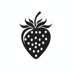 Wall Mural - Black and white silhouette of a strawberry with detailed seeds and leaf design.