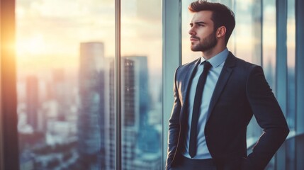 Poster - A confident young businessman in a sharp suit standing by a large window in a modern office, looking out over the cityscape with a thoughtful expression.