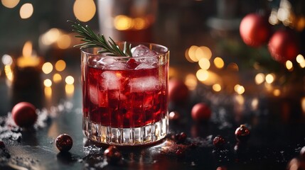 rich red cocktail with ice cubes and rosemary, set against a dark table with Christmas decorations, warm lighting, and festive bokeh lights in the background, elegant drink presentation