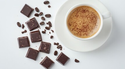 Wall Mural - Dark chocolate squares and a cup of fresh, aromatic coffee on a white backdrop, creating an elegant and indulgent display of rich flavors