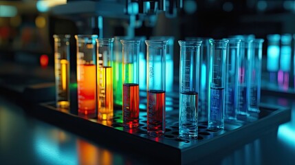 Poster - Colorful Liquid Samples in Glass Test Tubes on a Rack