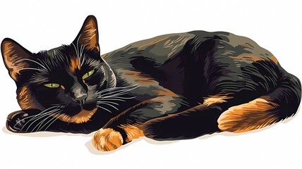 Illustration of a relaxed calico cat with green eyes lying on a white background