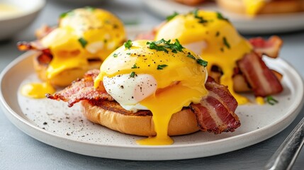 Canvas Print - Delicious egg benedict served with crispy bacon on a white plate, featuring perfectly poached eggs and rich hollandaise sauce, ready to enjoy.