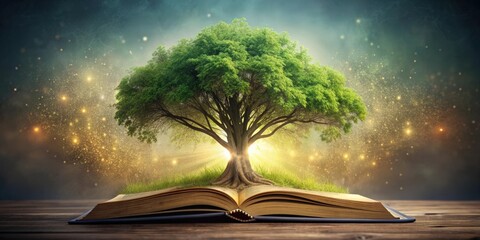 Poster - Old tree with roots on open pages of a magic book , knowledge, wisdom, life, ancient, tree, roots, pages, open, magic