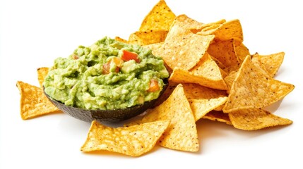 Sticker - Delicious guacamole dip paired with crispy tortilla chips, plated on a white background with vibrant green avocado and golden chips.