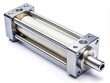 © hapsuwanArt - A sturdy industrial pneumatic lift cylinder with chrome-plated piston rod and mounting brackets, shown in a diagonal view, highlights its robust construction and functionality.