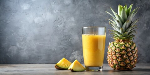 Poster - Fresh pineapple juice smoothie in glass cup on gray table background, pineapple, juice, smoothie, fresh, drink, refreshment, tropical