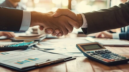 Poster - Businessmen Shaking Hands Over Documents and a Calculator
