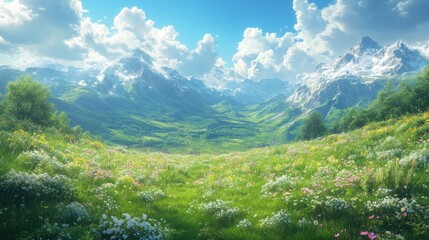 Lush green valley surrounded by majestic mountains and vibrant clouds.