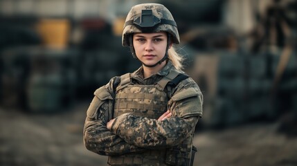 Confident Female Soldier in Military Gear Standing Outdoors, Representing Strength and Dedication