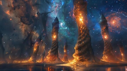 Glowing Pillars in a Starry Sky