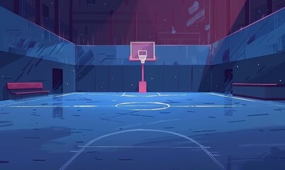 simple basketball court illustration with flat colors and minimal shapes for a video game scene