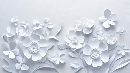 Wall Mural - elegant white paper cut spring flowers bloom on a light grey background, creating a soft and delicat