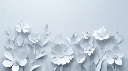 Wall Mural - elegant white paper cut spring flowers bloom on a light grey background, creating a soft and delicat