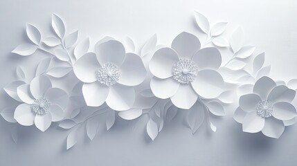 Wall Mural - elegant white paper cut spring flowers bloom on a light grey background, creating a soft and delicat