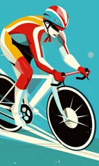 retro-style vector illustration of an Olympic cyclist in motion, featuring bright colors and bold lines with a white bicycle on a blue background