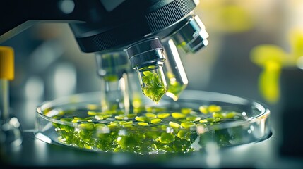 Poster - Microscope Analyzing Green Plant Samples in Water