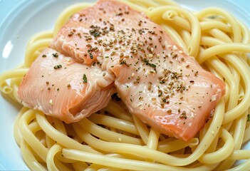 Wall Mural - Close-Up of Isolated Healthy Salmon Pasta Dish with Fresh Herbs and Cheese on Transparent Background