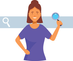 Poster - Young woman is smiling and holding a magnifying glass in front of a search bar