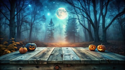 Poster - Spooky Halloween scene with an empty wooden table in a forest at night under the moonlight, Halloween, empty, wooden