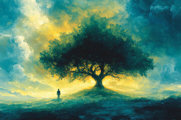 Wall Mural - A man stands in front of a large tree in a field