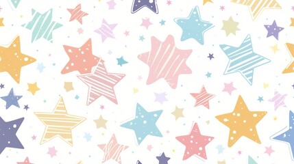 A whimsical pattern of colorful hand-drawn stars on a white background.