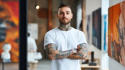 A man with tattoos on both arms is wearing a white t-shirt.